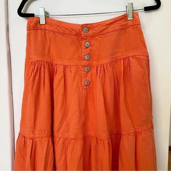 NWT Free People Dreamweaver Maxi Skirt Denim Jean Tiered High Rise Orange - Picture 9 of 16